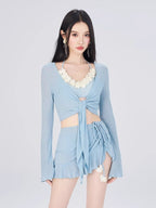 Cream 3-piece swimsuit set with halter bikini, ruffled skirt, and sheer tie-front cover-up - View 6 | TEVQA
