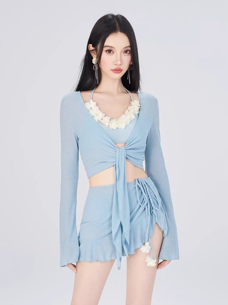 Cream 3-piece swimsuit set with halter bikini, ruffled skirt, and sheer tie-front cover-up - View 6 | TEVQA