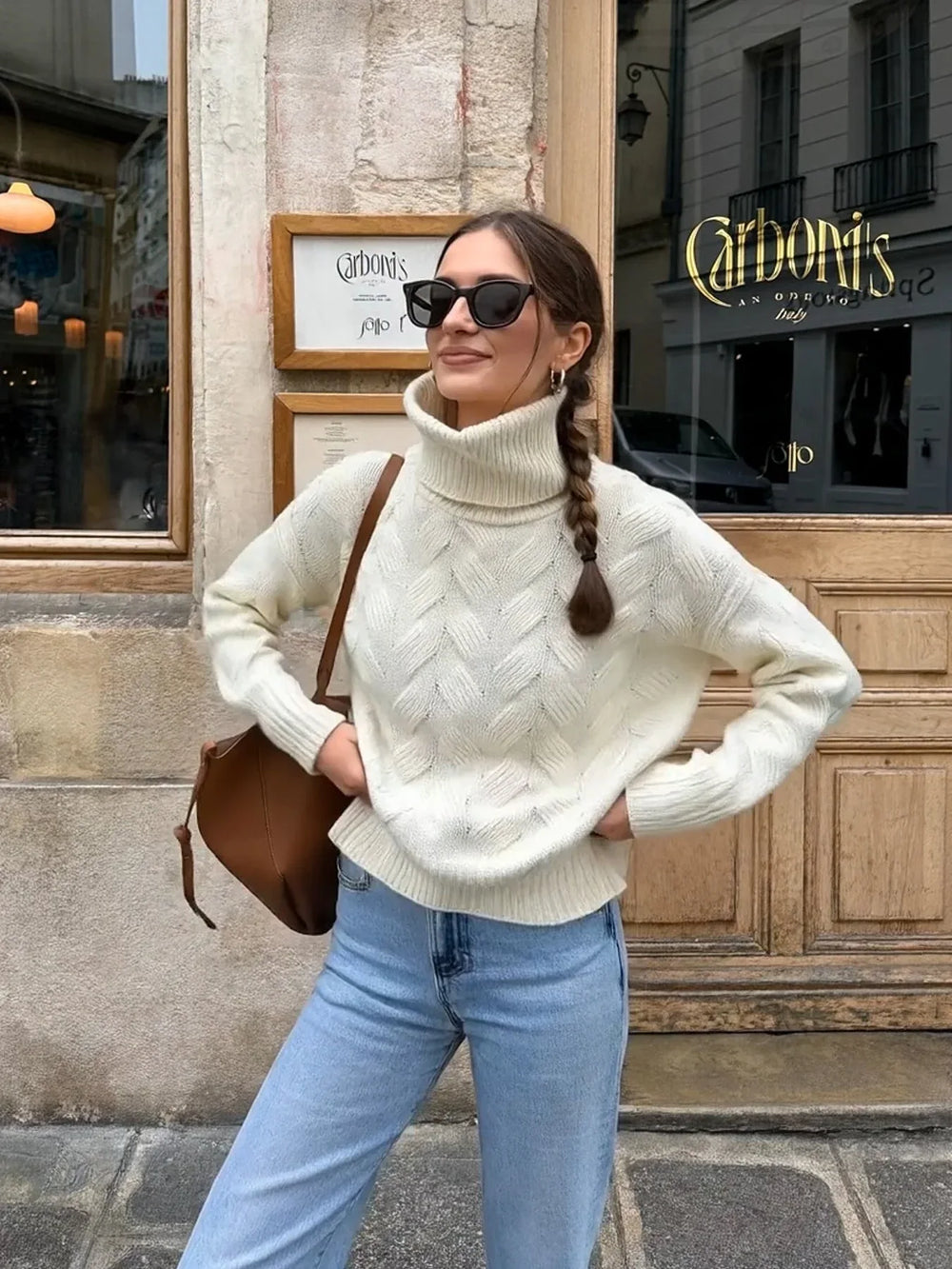 Cream Chunky Diagonal Cable Knit Turtleneck Sweater - TEVQA