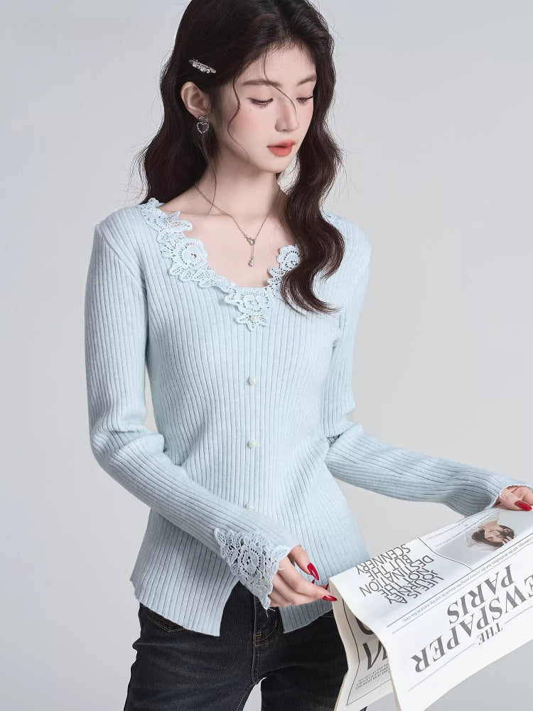 Light Blue Lace V-Neck Ribbed Knit Top