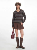 Vintage Academia V-Neck Striped Knit Sweater - TEVQA