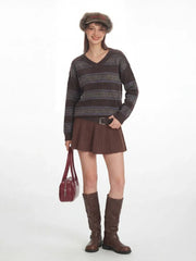 Vintage Academia V-Neck Striped Knit Sweater - TEVQA