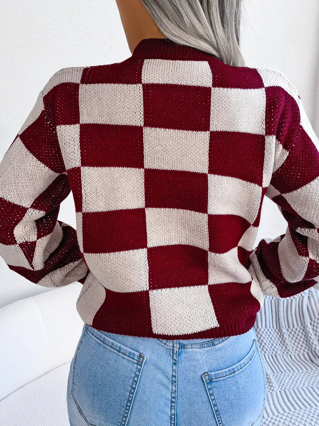 Black and white checkerboard knit mock neck sweater - View 18 | TEVQA