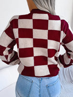 Black and white checkerboard knit mock neck sweater - View 18 | TEVQA