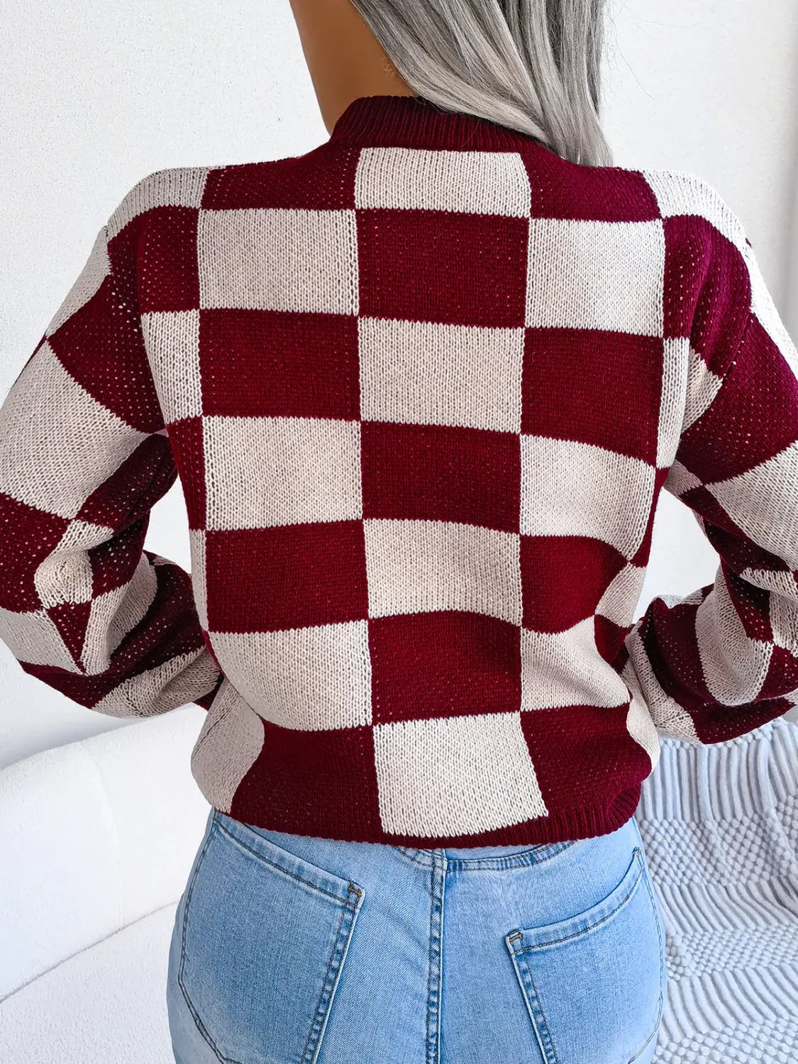 Black and white checkerboard knit mock neck sweater - View 18 | TEVQA