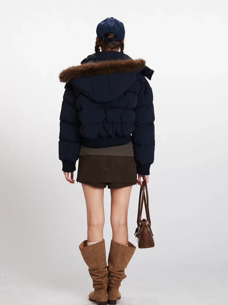 Retro Navy Cropped Puffer Jacket - TEVQA