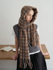 Oversized Wool Blend Plaid Scarf with Fringe