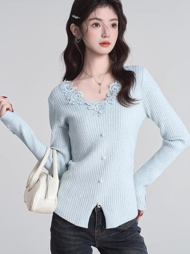 Light Blue Lace V-Neck Ribbed Knit Top