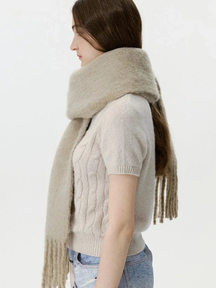 Soft dusty blue wool blend scarf with extra long tassels - View 7 | TEVQA