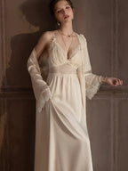 Lace Trim Satin Robe and Slip Set - View 6 | TEVQA