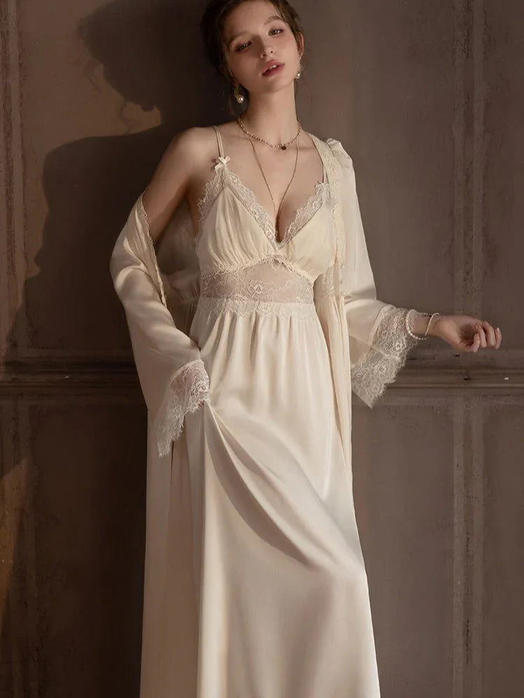 Lace Trim Satin Robe and Slip Set - View 6 | TEVQA