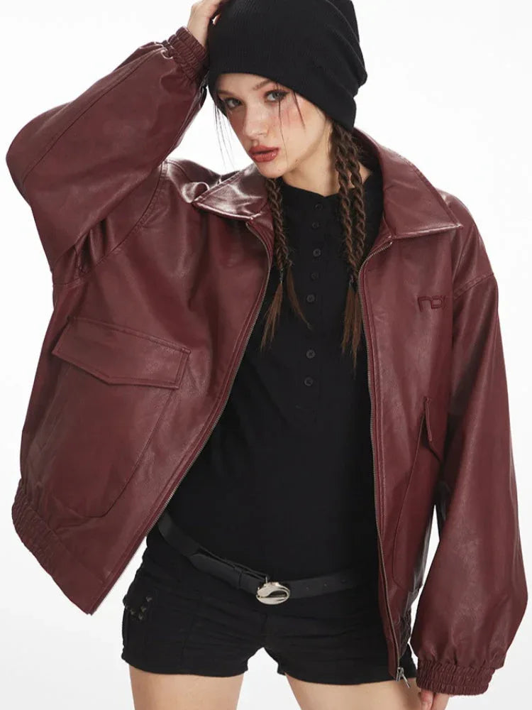 Vintage Burgundy Oversized Faux Leather Bomber Jacket - TEVQA