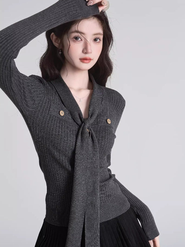 Tie-Neck Ribbed Knit Top Dark Grey