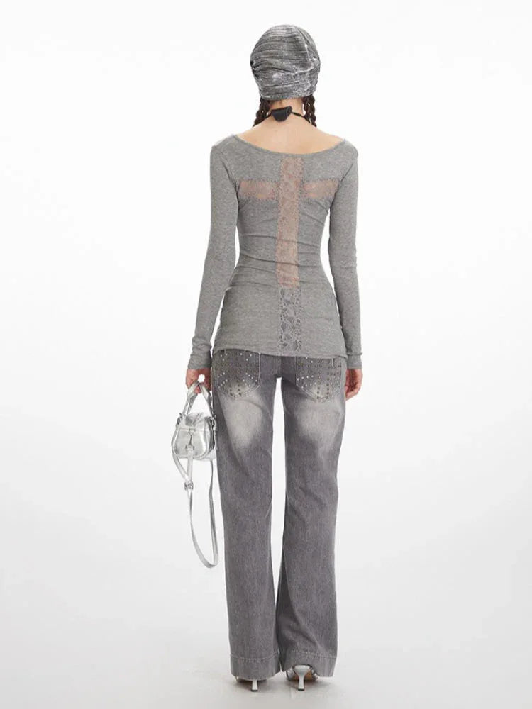 Y2K Grunge Lace Cross Back Long Sleeve Top - TEVQA
