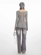 Y2K Grunge Lace Cross Back Long Sleeve Top - TEVQA