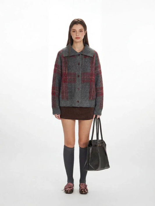 Grandpa Core Vintage Grey Plaid Fuzzy Knit Cardigan - TEVQA