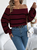 White Striped Off-Shoulder Knit Sweater - TEVQA