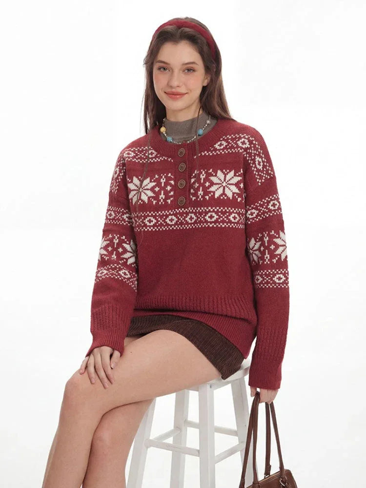 Vintage Red Fair Isle Henley Sweater - TEVQA
