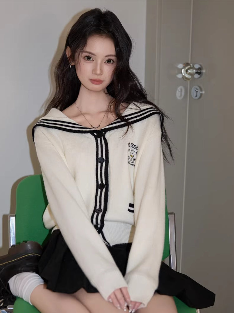 White Sailor Collar Knit Cardigan - View 6 | TEVQA