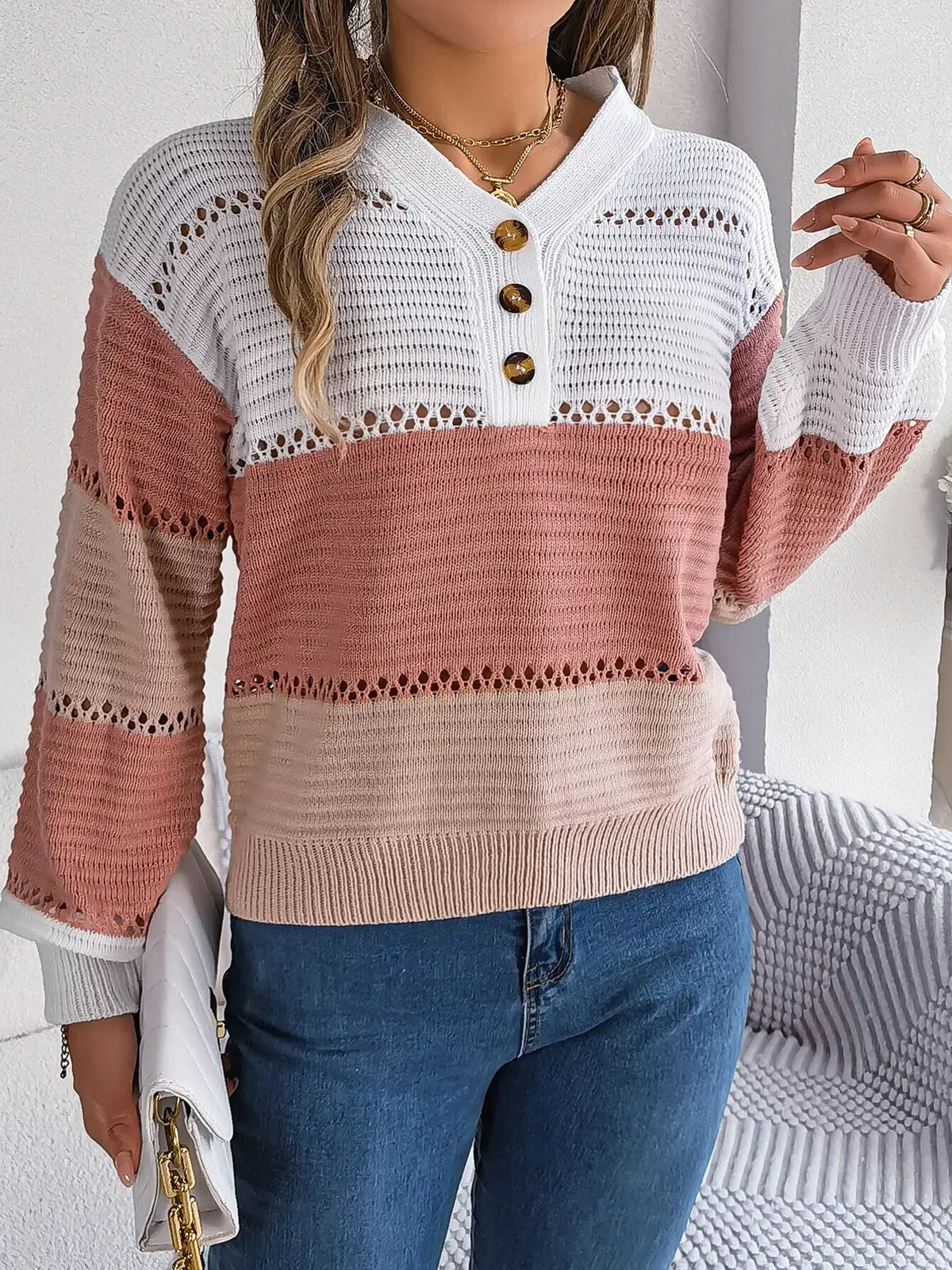 Color block knit henley sweater - View 13 | TEVQA