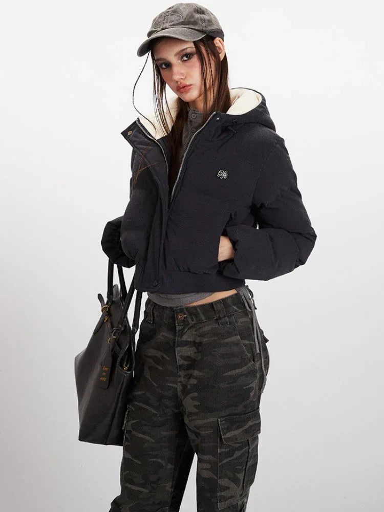 Textured Cropped Hooded Puffer Jacket - TEVQA