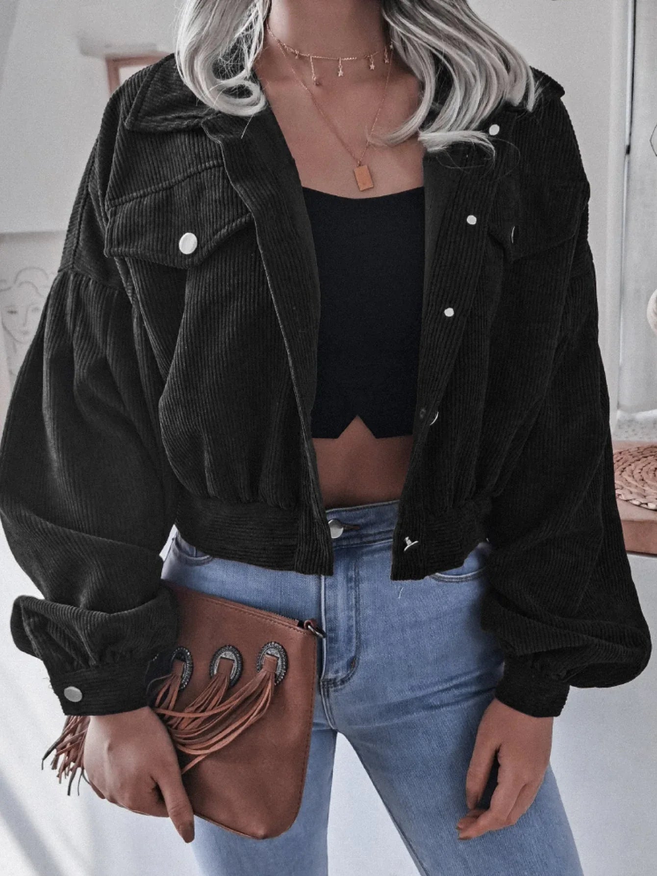 Cropped Corduroy Jacket - View 11 | TEVQA