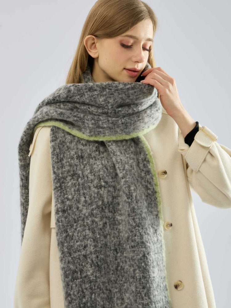 Grey boucle scarf with green contrast trim and fringe - View 6 | TEVQA