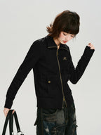 Vintage Stand Collar Zip-Up Sweatshirt with Pockets - Black