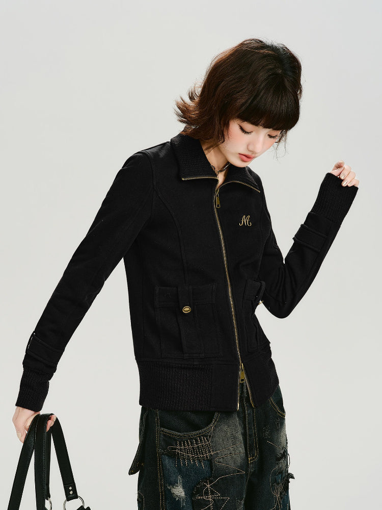 Vintage Stand Collar Zip-Up Sweatshirt with Pockets - Black