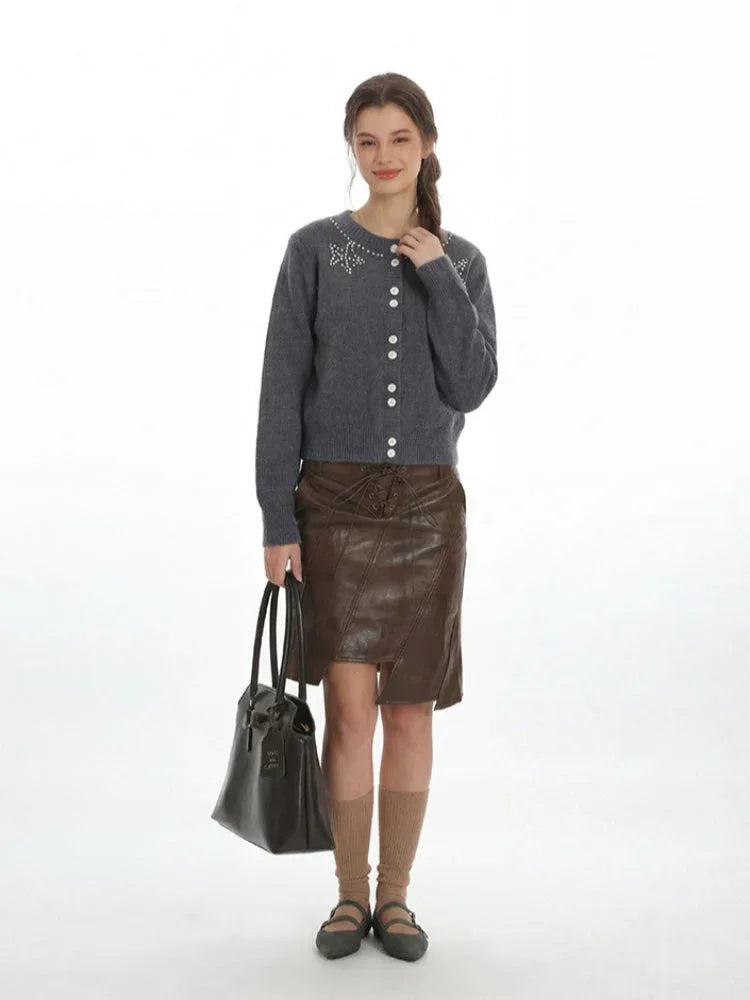 Coquette Grey Pearl Star Fuzzy Cardigan - TEVQA