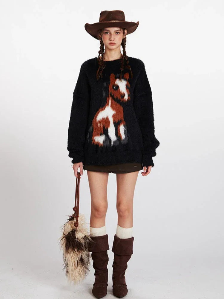 Vintage Black Fuzzy Horse Graphic Sweater - TEVQA
