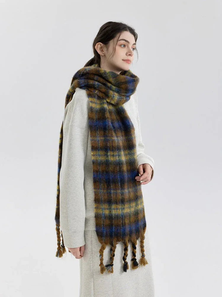 Vintage Plaid Wool Blend Scarf - TEVQA