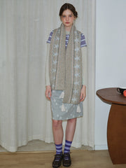 Wool Blend Fair Isle Knitted Scarf Beige Geometric Pattern with Corner Tassels