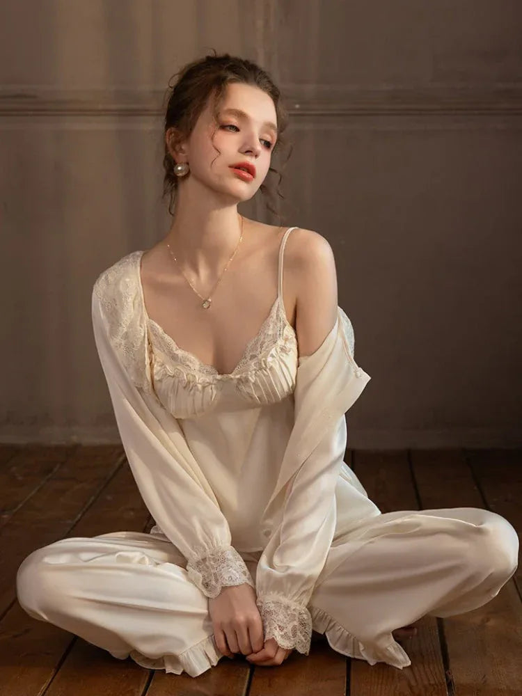 Lace Trim Satin 3-Piece Pajama Set - TEVQA Main image