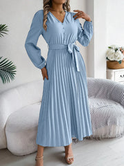 Vintage Khaki V-Neck Pleated Maxi Dress - TEVQA