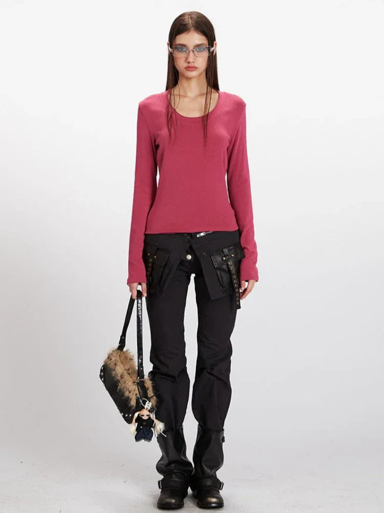 90s Minimalist U-Neck Long Sleeve Top - TEVQA