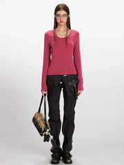 90s Minimalist U-Neck Long Sleeve Top - TEVQA