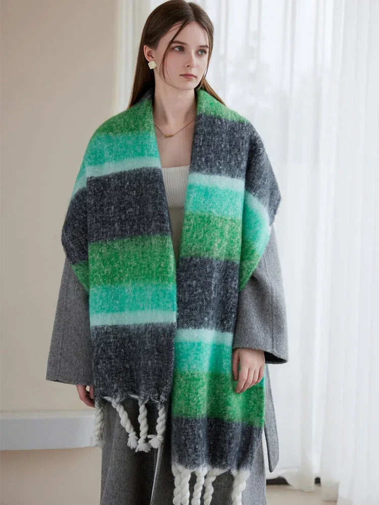 Oversized Monochrome Striped Tassel Shawl - View 10 | TEVQA