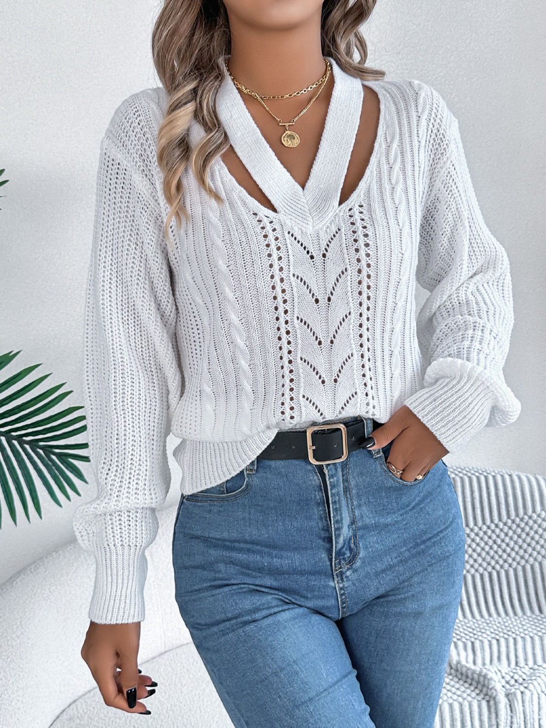 White Cutout V-Neck Cable Knit Sweater