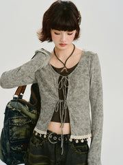 Vintage Tie-Dye Tie-Front Ribbed Cardigan Grey