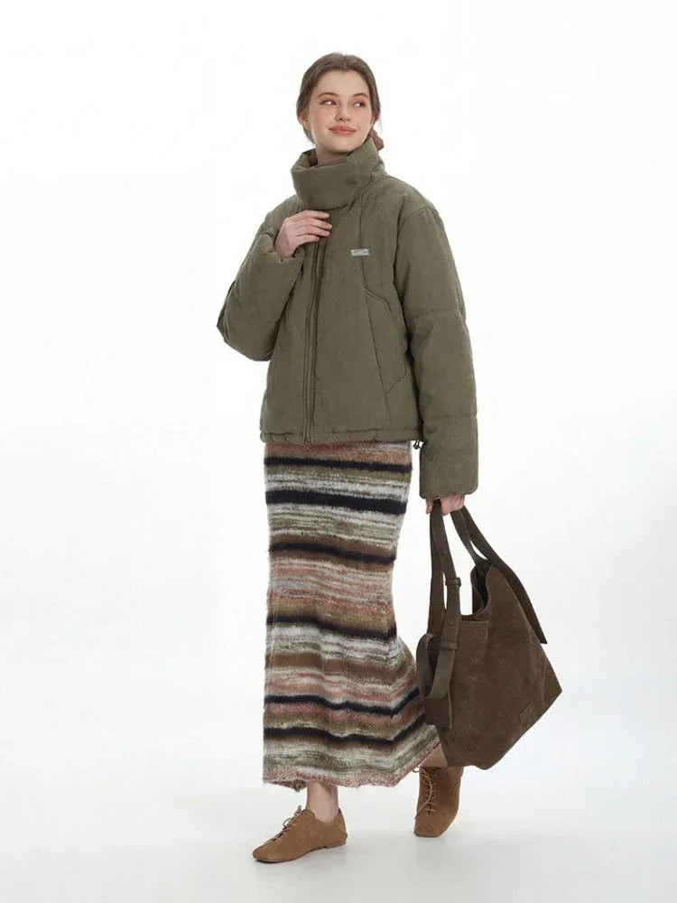 Vintage Olive Stand-Collar Puffer Jacket - TEVQA