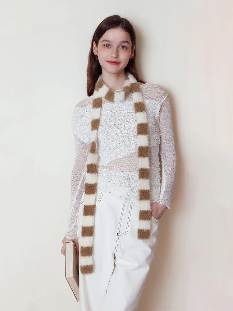 Y2K Fuzzy Striped Skinny Scarf - TEVQA Main image