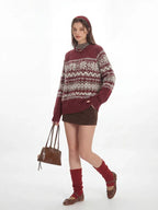 Vintage Burgundy Fair Isle Knit Sweater - TEVQA