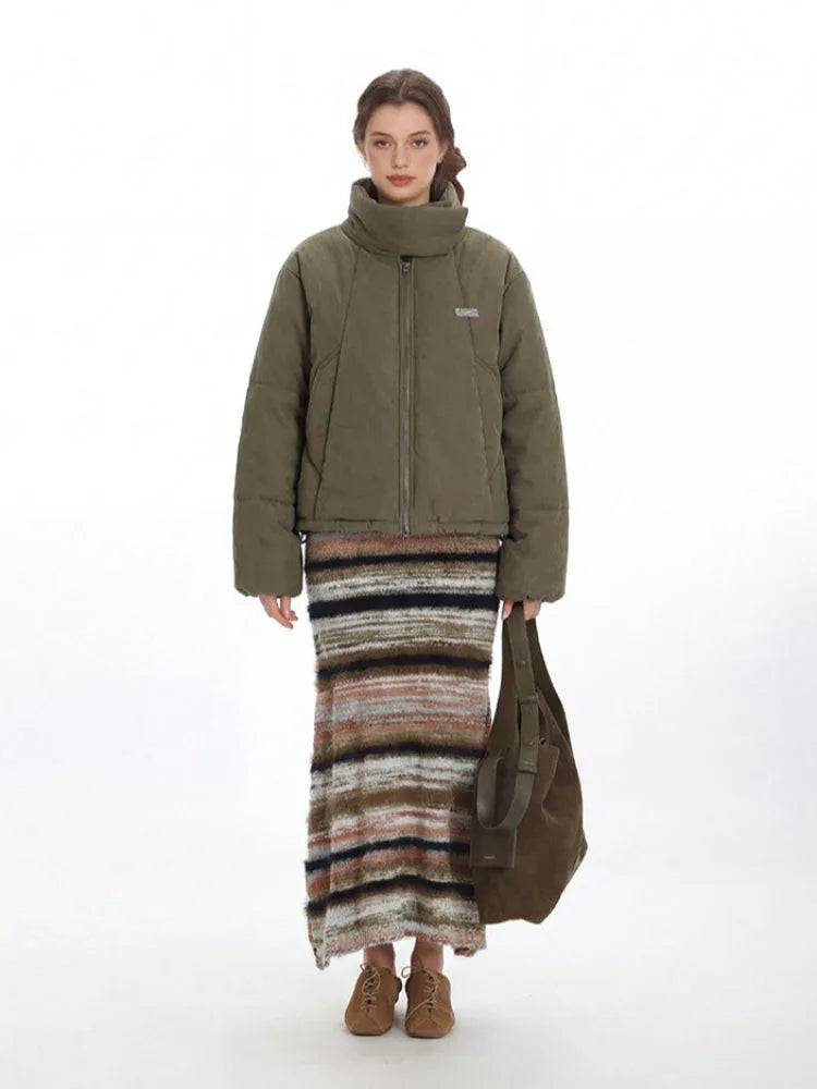 Vintage Olive Stand-Collar Puffer Jacket - TEVQA