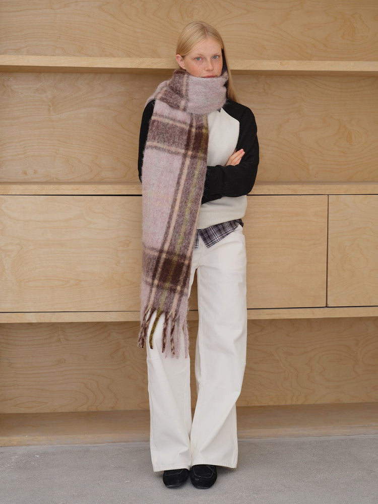 Oversized Wool Blend Plaid Scarf with Chunky Fringe