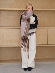 Oversized Wool Blend Plaid Scarf with Chunky Fringe