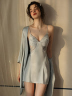 French Princess | Dot Mesh & Lace Satin Robe Set - TEVQA