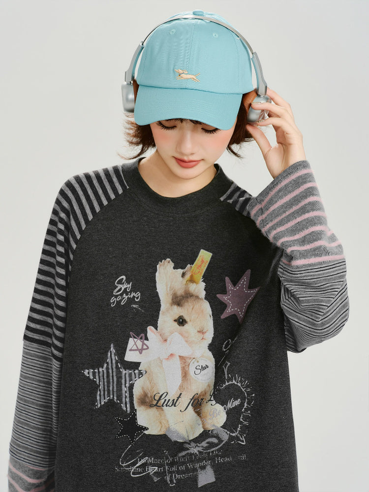 Vintage Graphic Striped Raglan Long Sleeve Tee - Charcoal