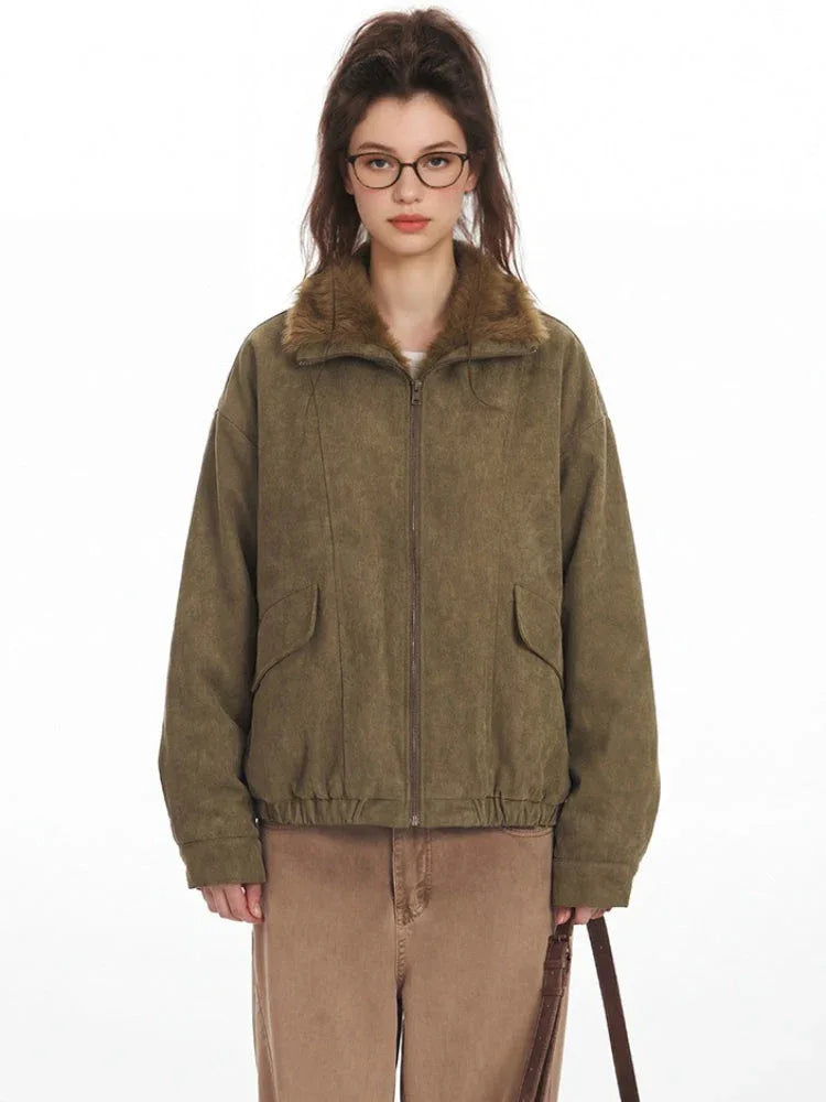 Vintage Faux Suede Aviator Bomber Jacket - TEVQA
