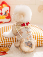 The back view of a small white dog wearing a gold and floral brocade coat with faux fur trim and pearl accents.